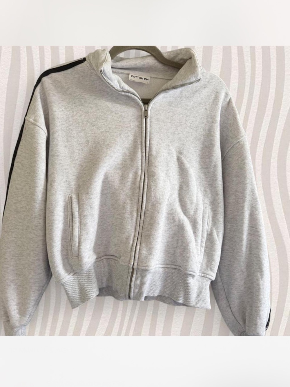 Cotton On Light Gray Zip-Front Bomber Jacket with Black Stripe